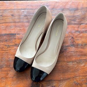 Cole Haan Nude Leather Block Heels with Black Patent Cap Toe